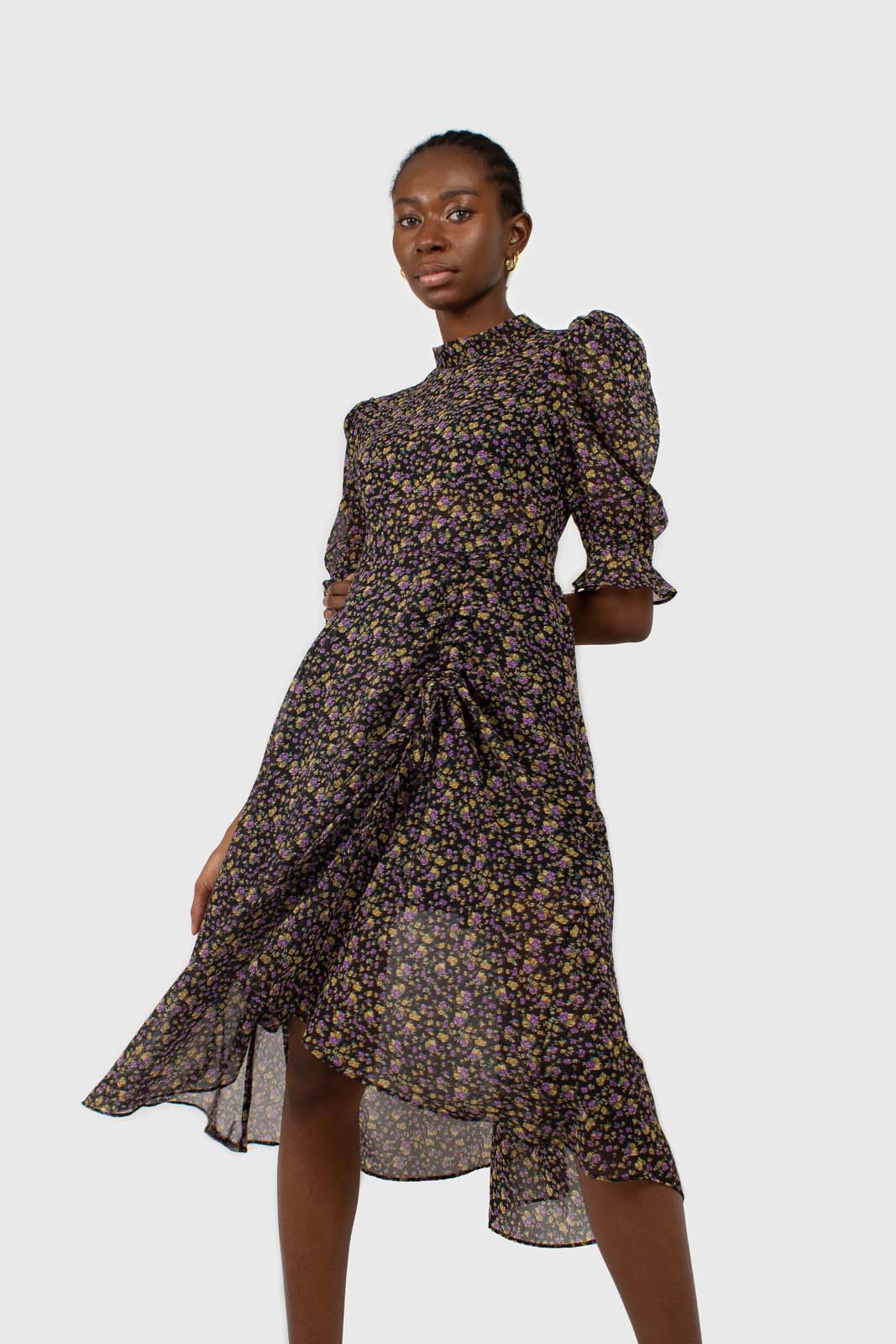 Black and purple yellow floral sheer midi dress