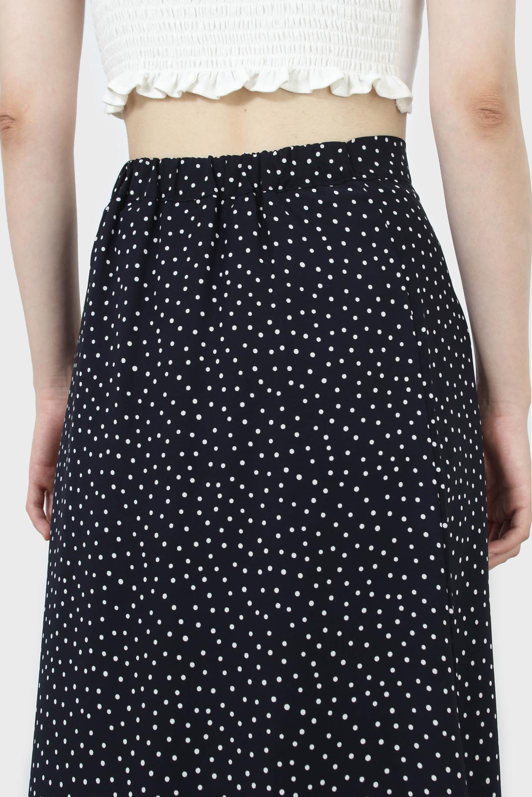 Navy and white polka dot flare midi skirt
