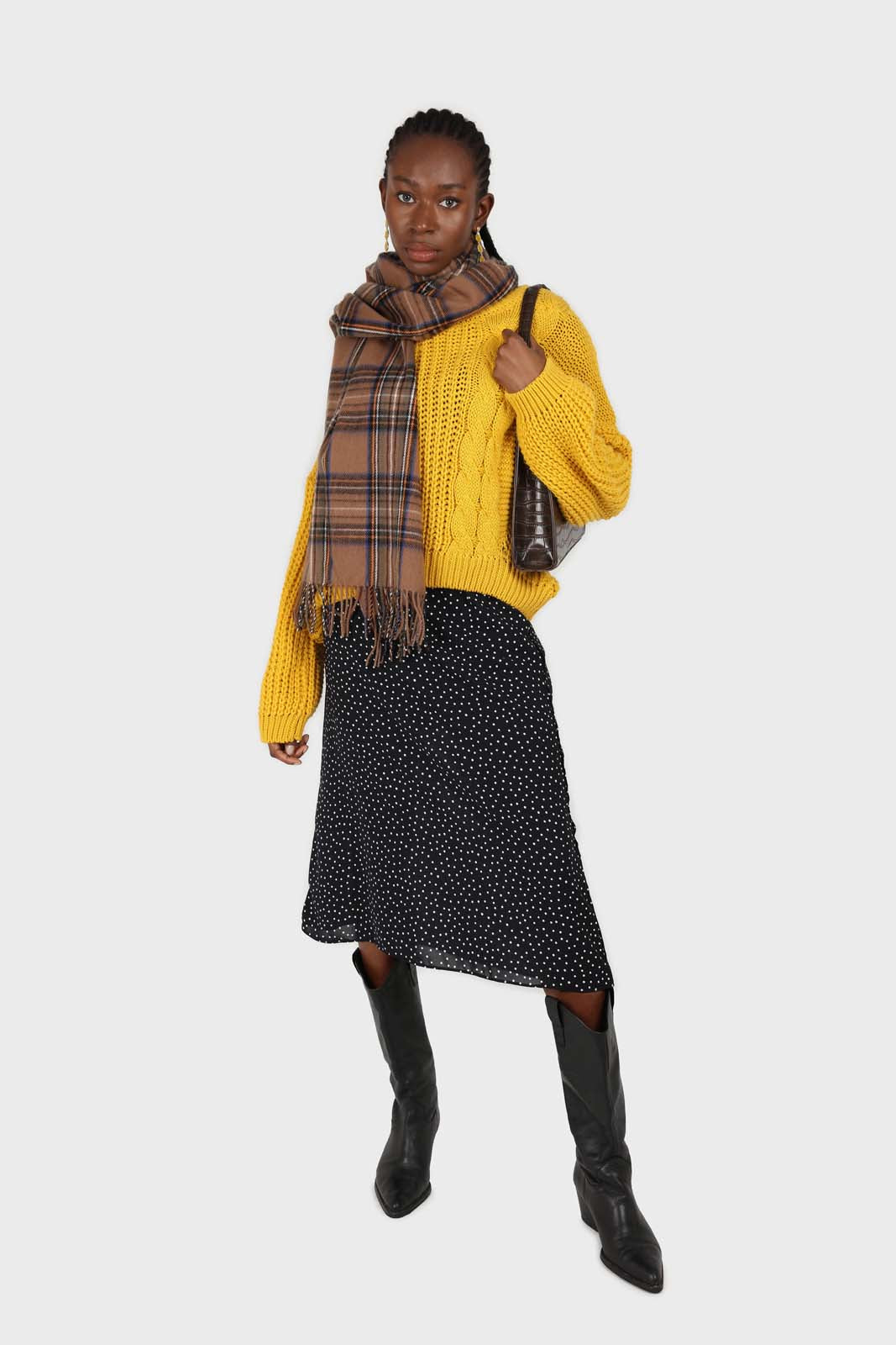 Navy and white polka dot flare midi skirt