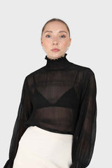 Black shirring neck sheer tiered blouse