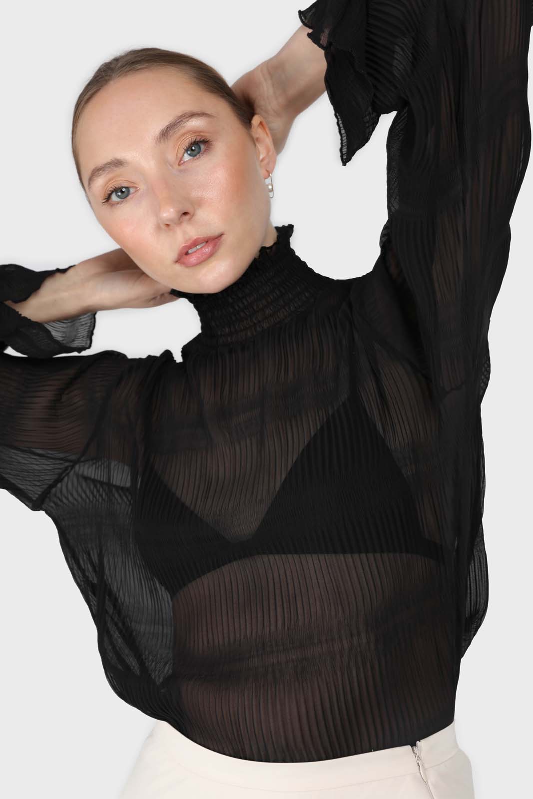 Black shirring neck sheer tiered blouse