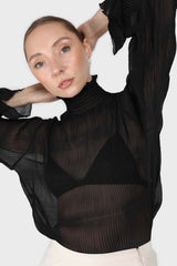 Black shirring neck sheer tiered blouse