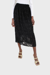 Black textured floral sheer midi skirt