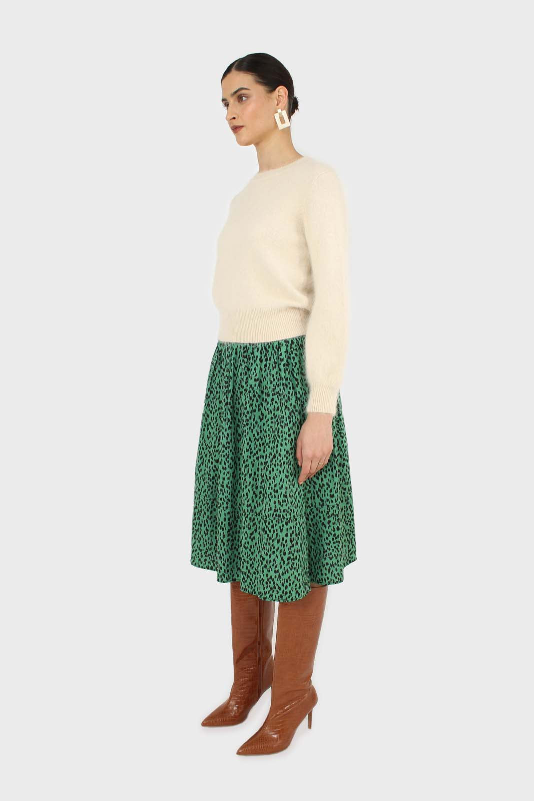 Green animal print flare midi skirt