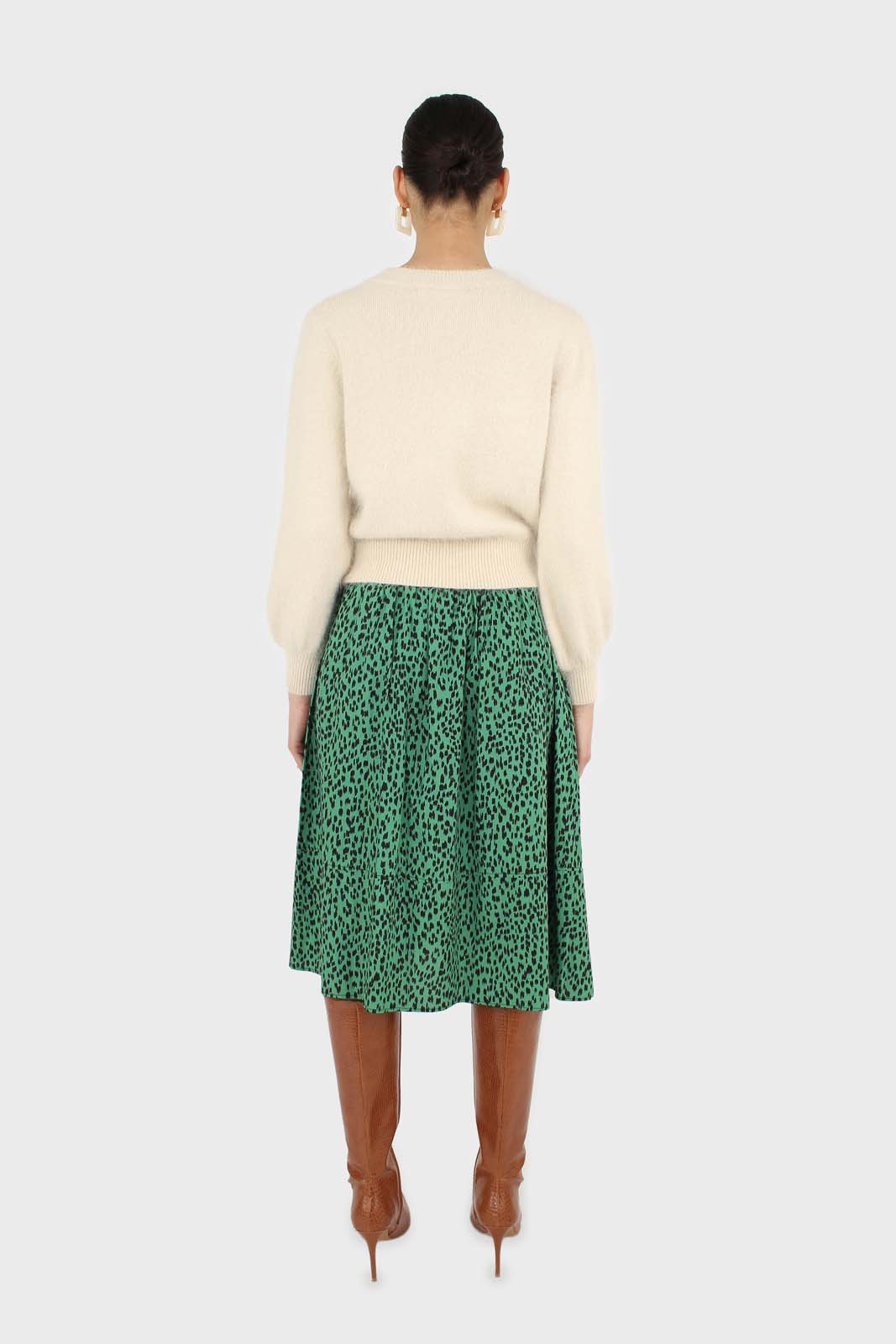 Green animal print flare midi skirt