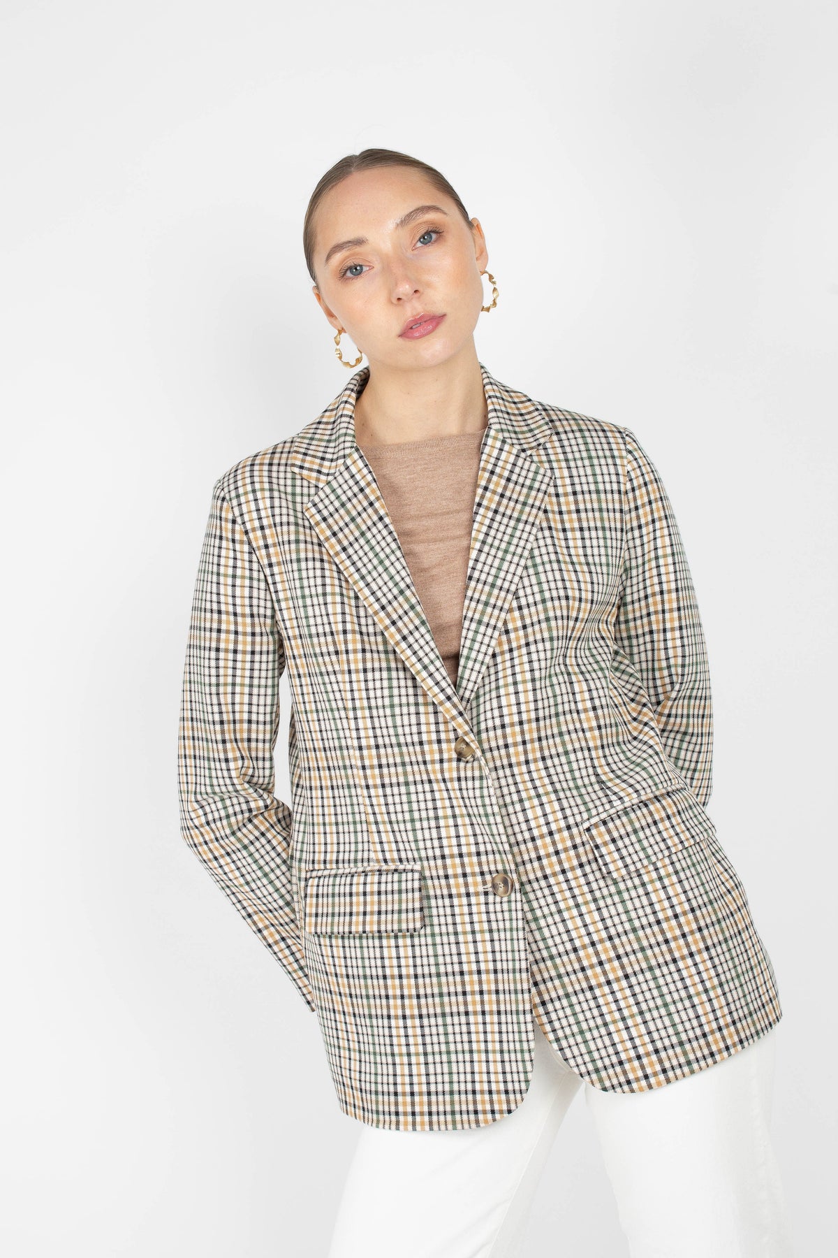 Green mustard and beige check blazer