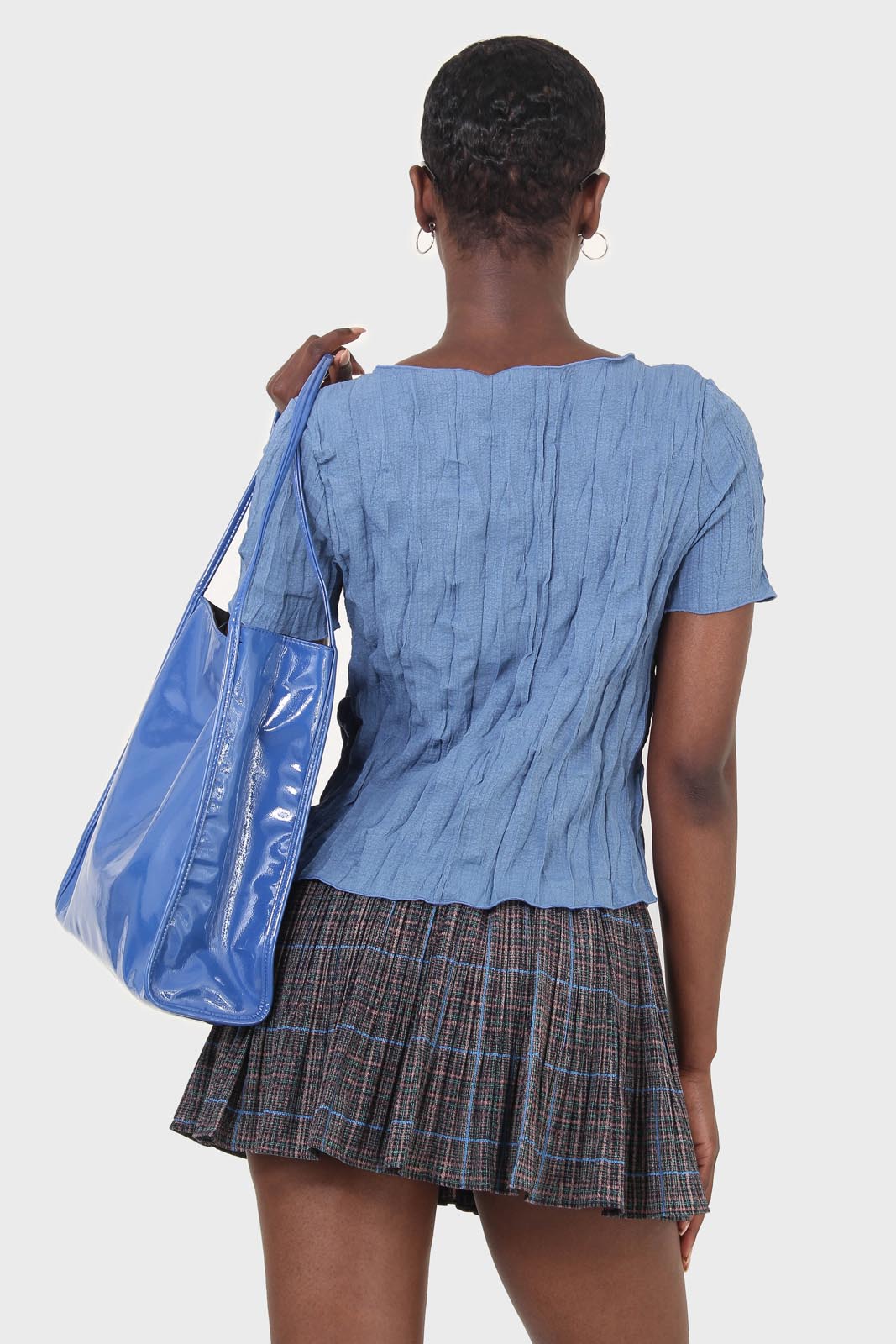 Blue checked flare pleated mini skirt