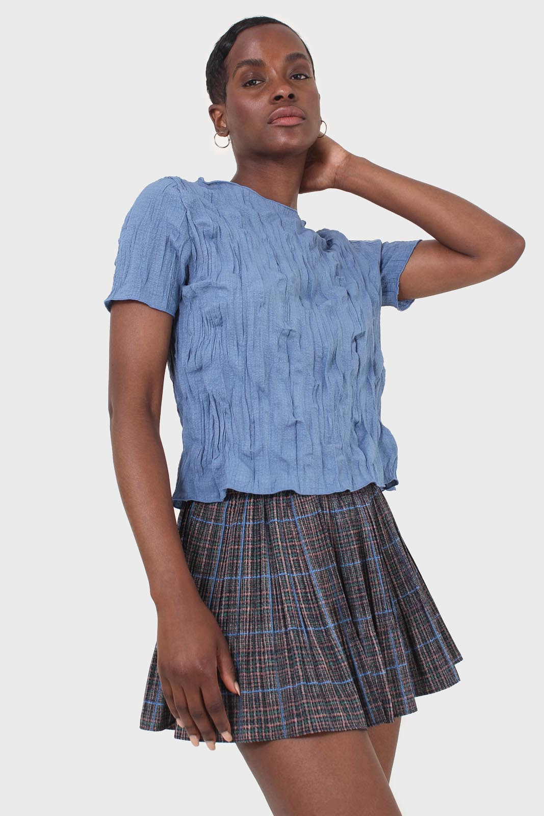 Blue checked flare pleated mini skirt