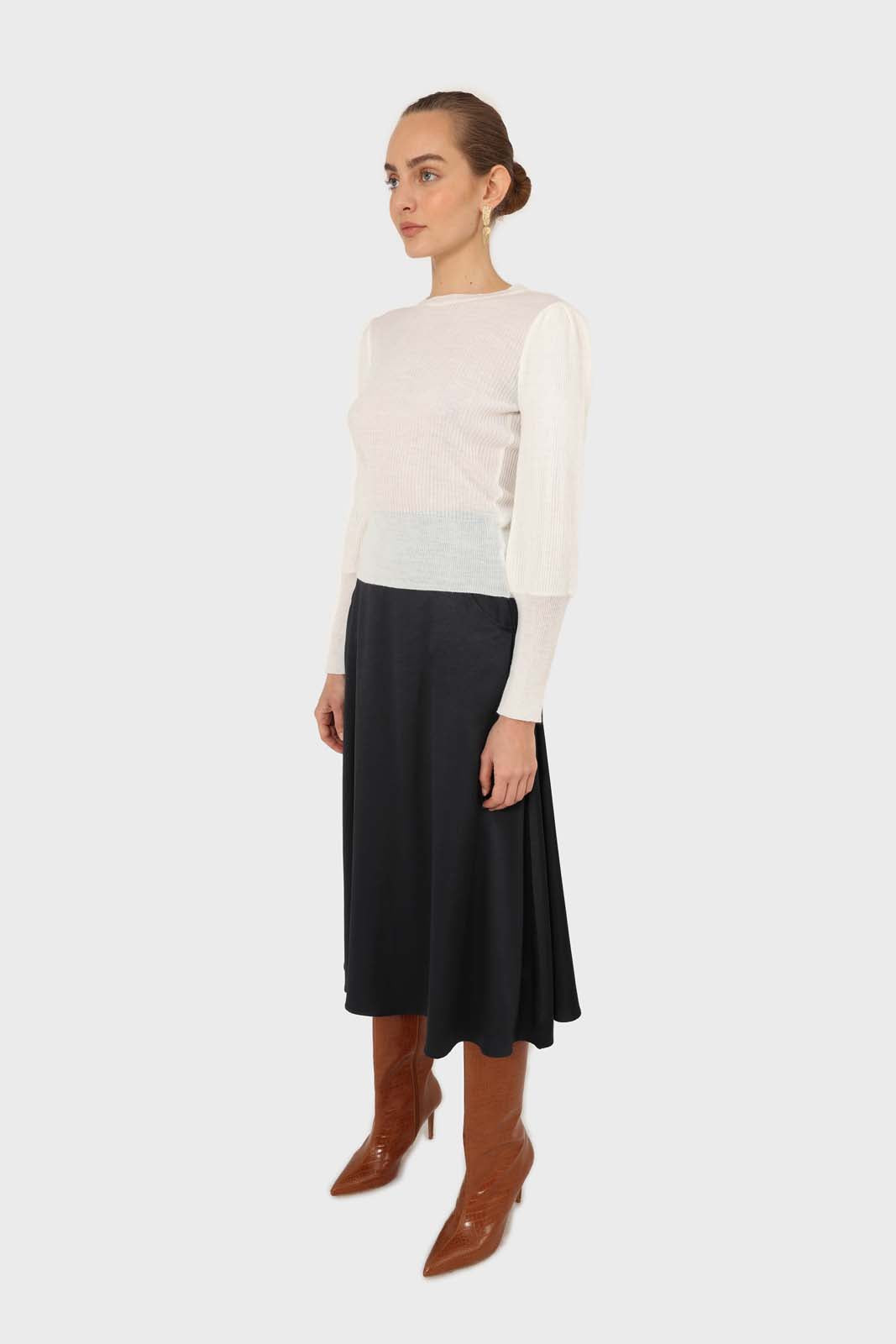 Navy silky flare front pocket midi skirt