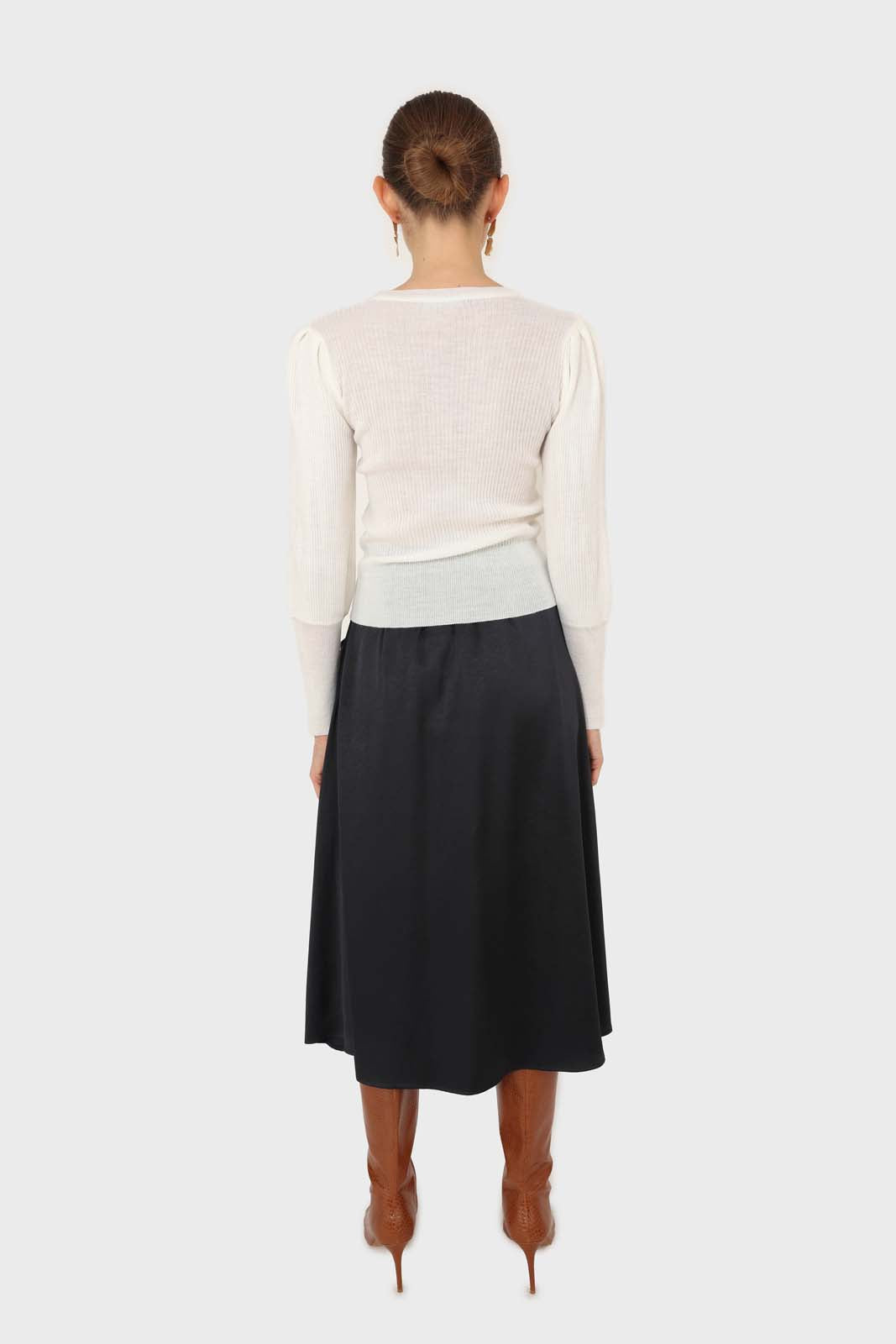 Navy silky flare front pocket midi skirt