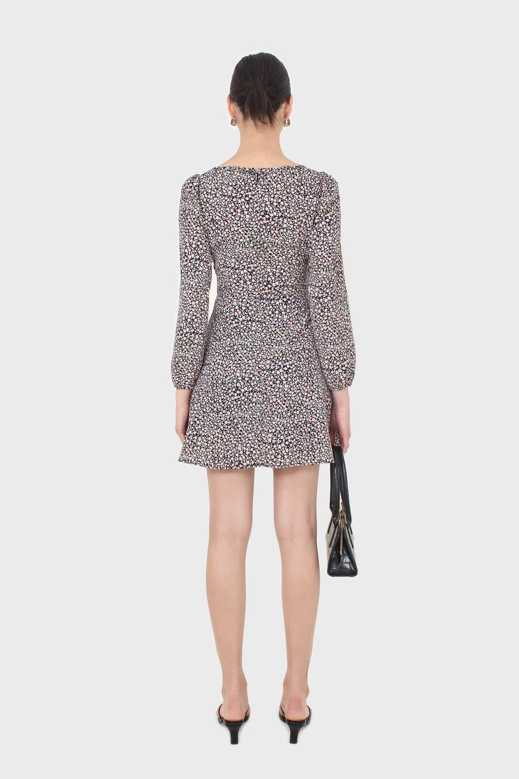Black pink and blue floral wrap midi dress