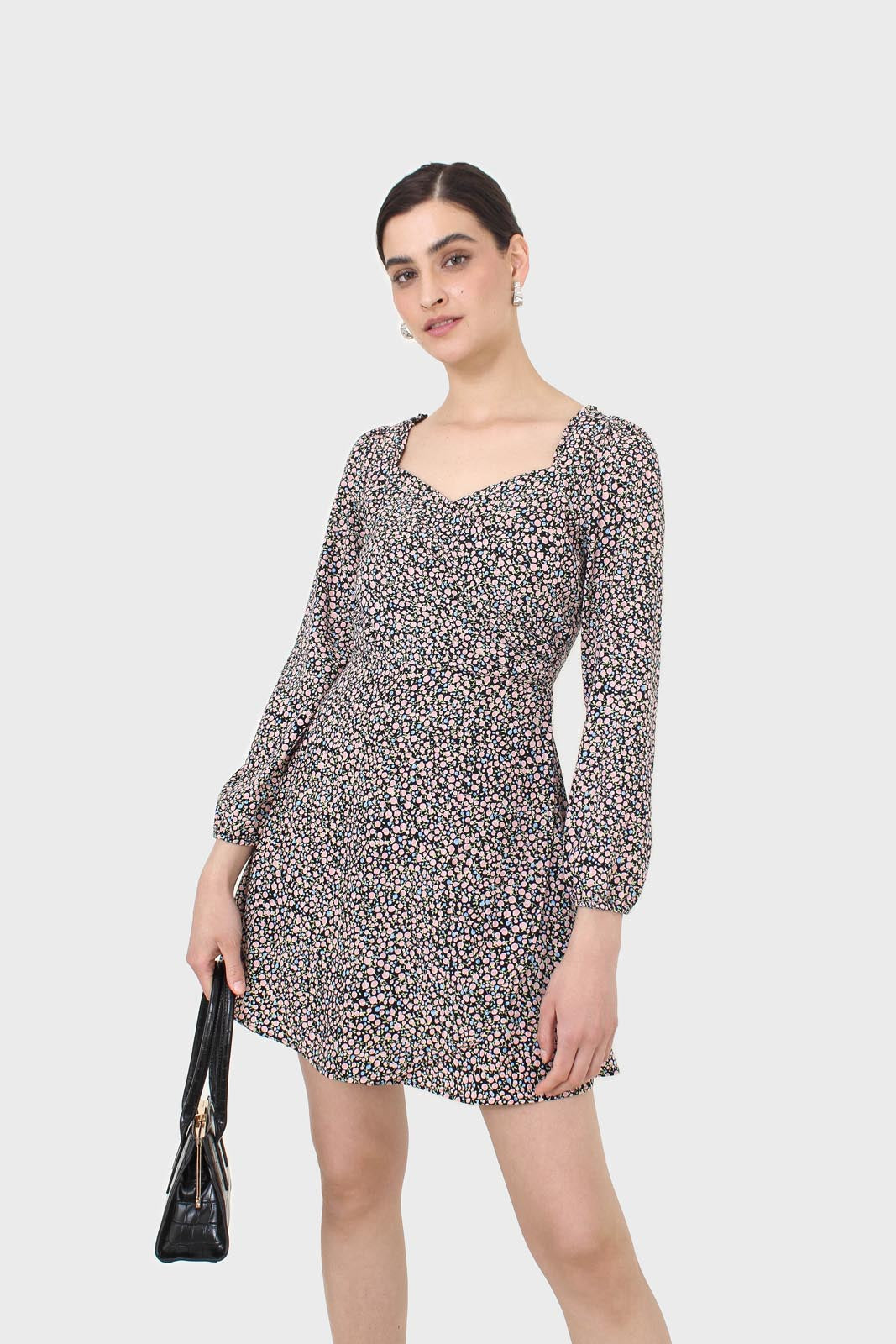 Black pink and blue floral wrap midi dress