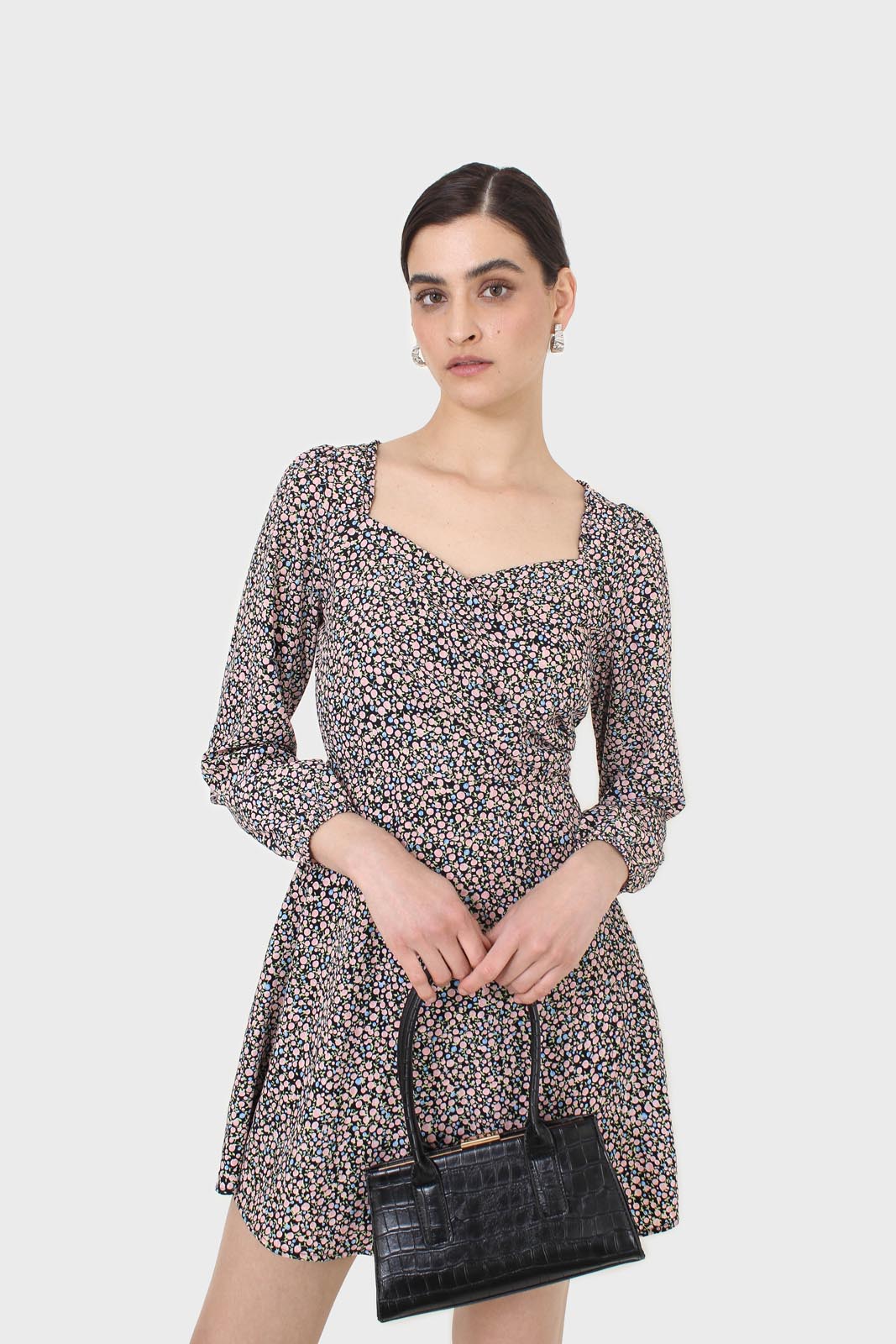 Black pink and blue floral wrap midi dress