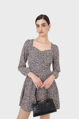 Black pink and blue floral wrap midi dress
