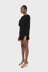 Black tufted sheer long sleeved ruched bottom dress