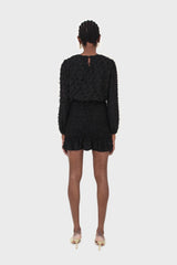Black tufted sheer long sleeved ruched bottom dress