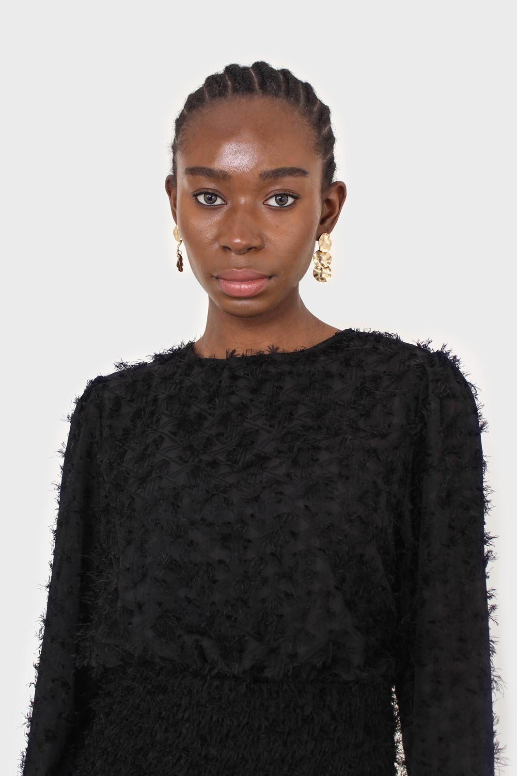Black tufted sheer long sleeved ruched bottom dress