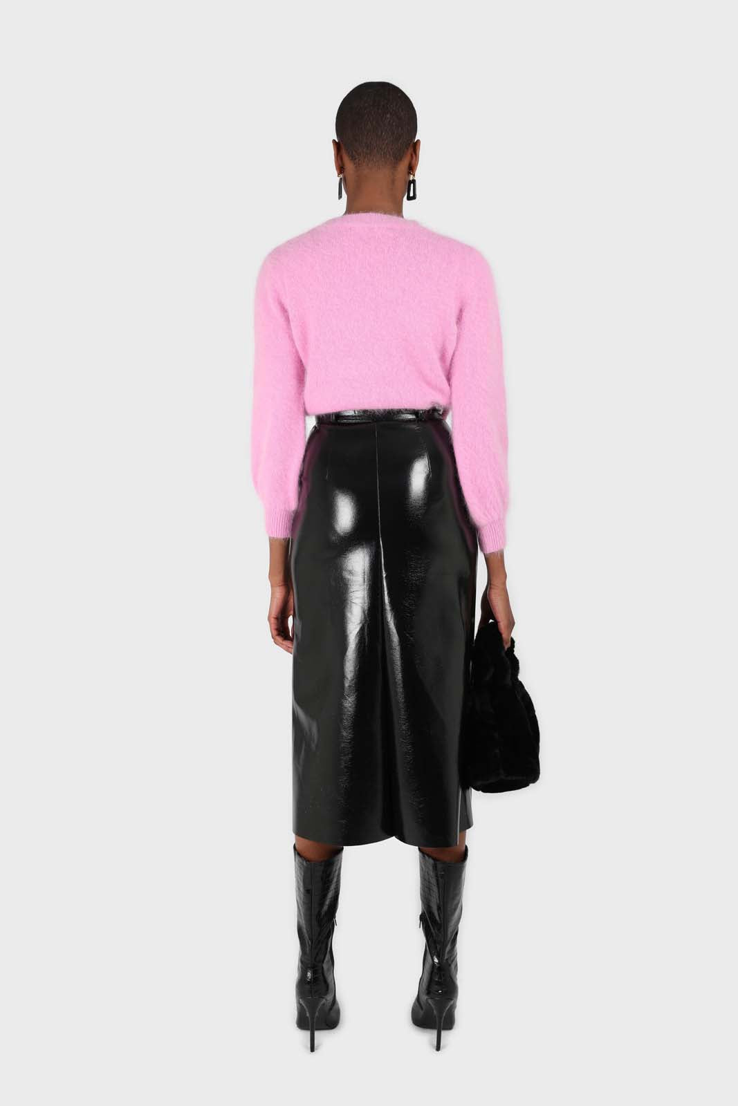 Black PVC front slit gold button maxi skirt
