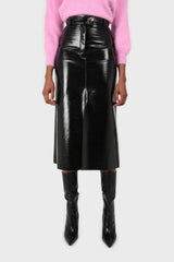 Black PVC front slit gold button maxi skirt