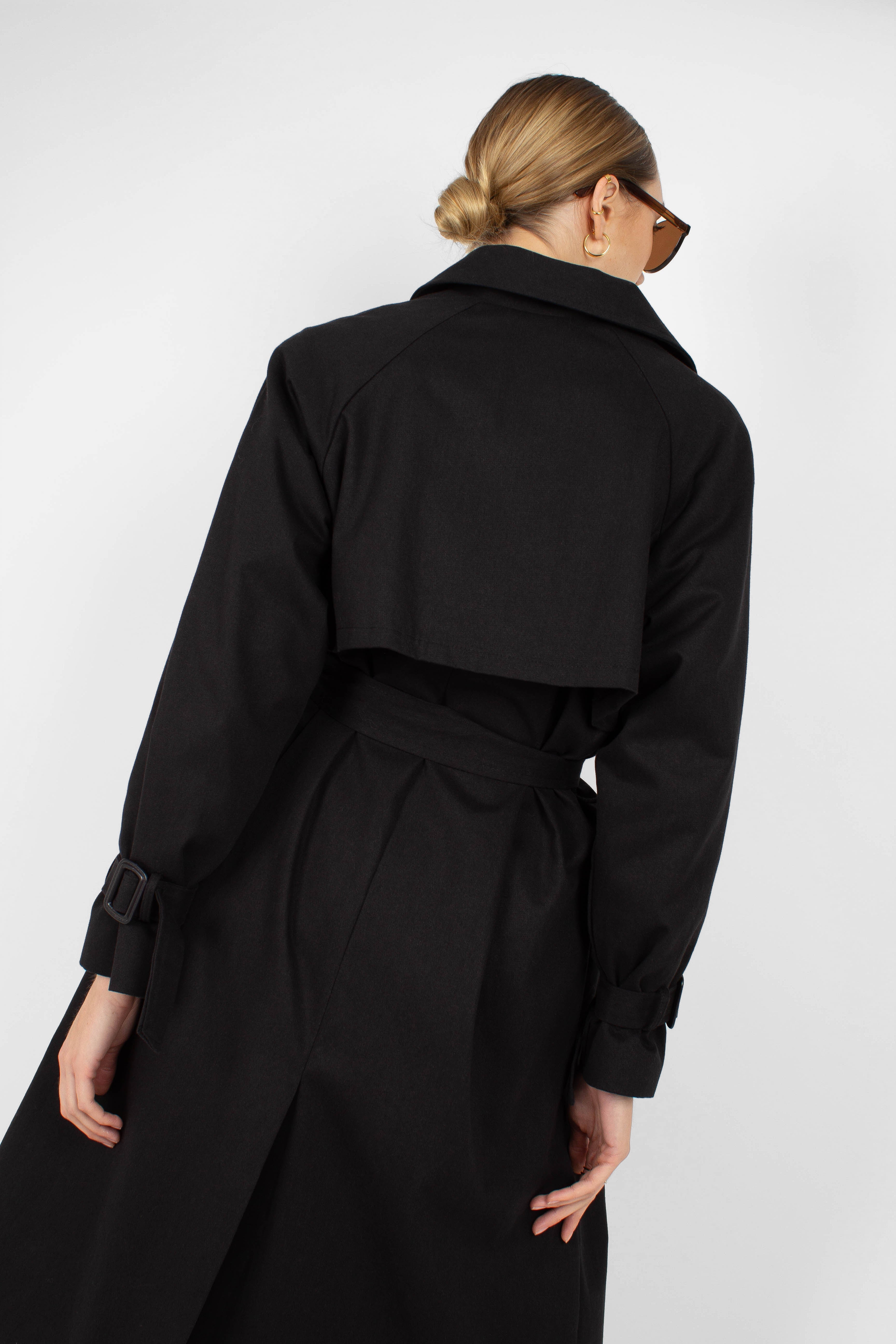 Black single breasted back detail trench coat