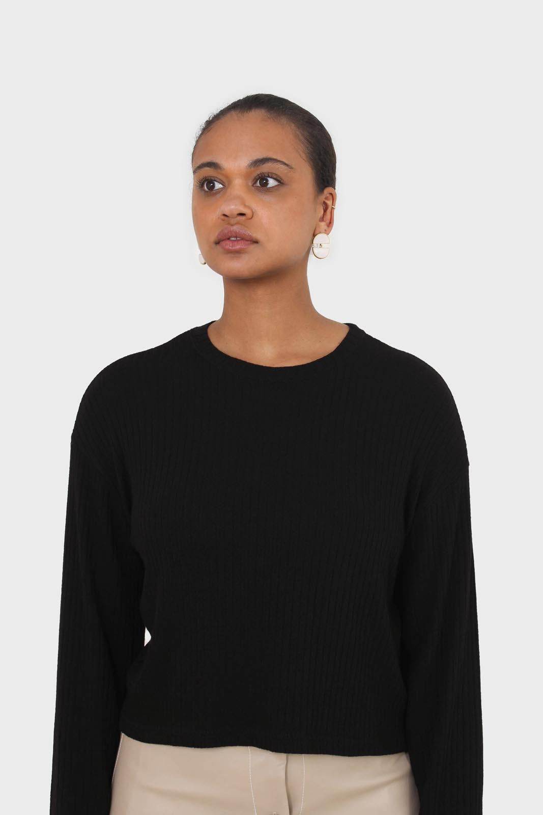 Black semi sheer vertical striped long sleeved top
