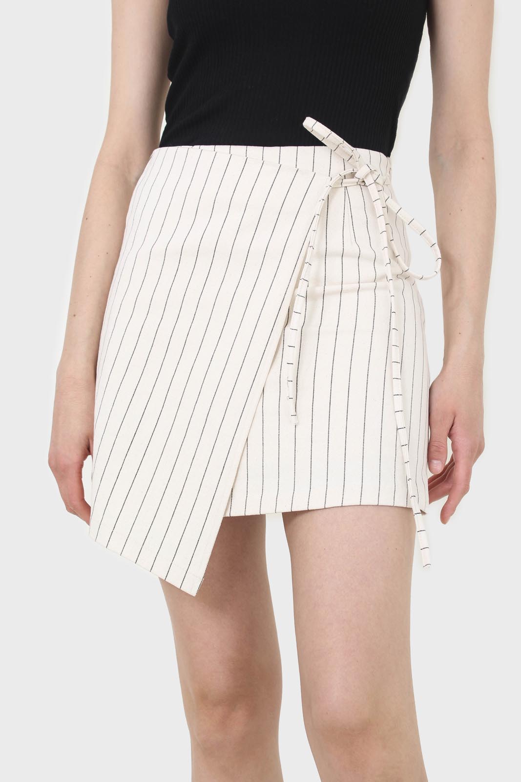 Cream and black pinstripe wrap mini skirt
