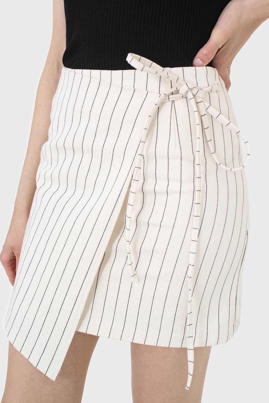 Cream and black pinstripe wrap mini skirt