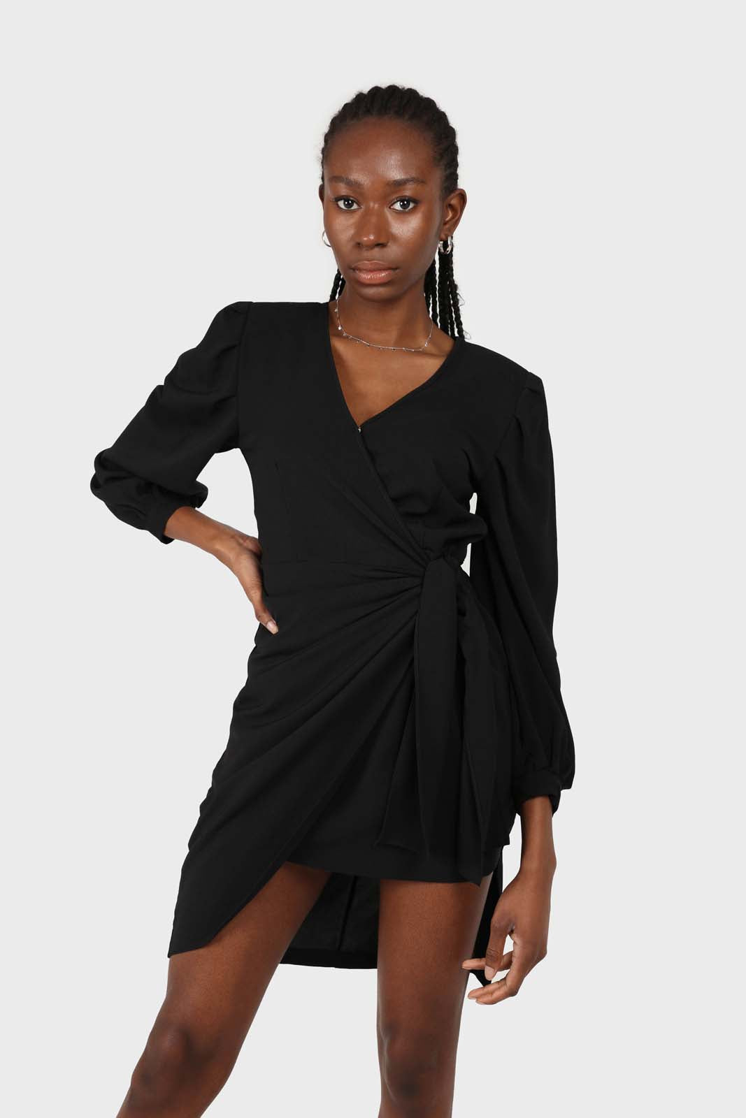 Black plunging neck wrap waist midi dress