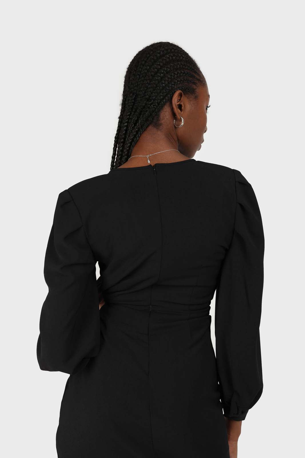Black plunging neck wrap waist midi dress