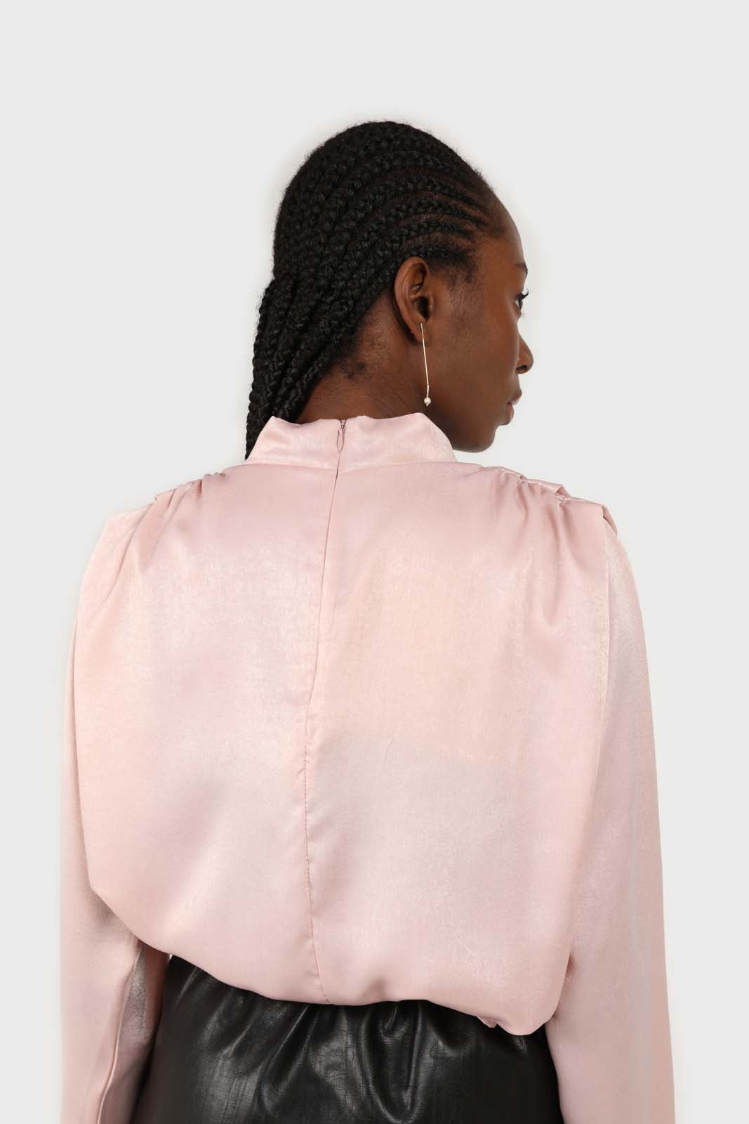Pink wide shoulder drape detail high neck blouse