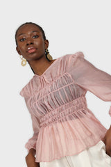 Pink silky ruched long sleeved blouse