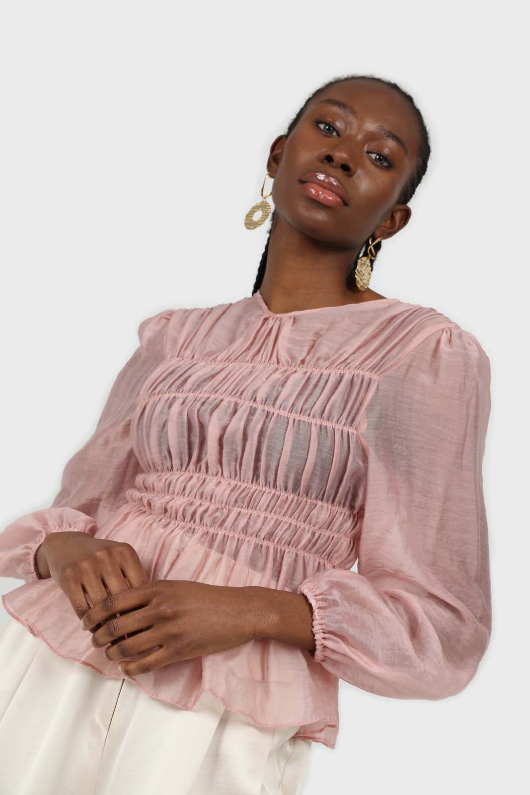 Pink silky ruched long sleeved blouse