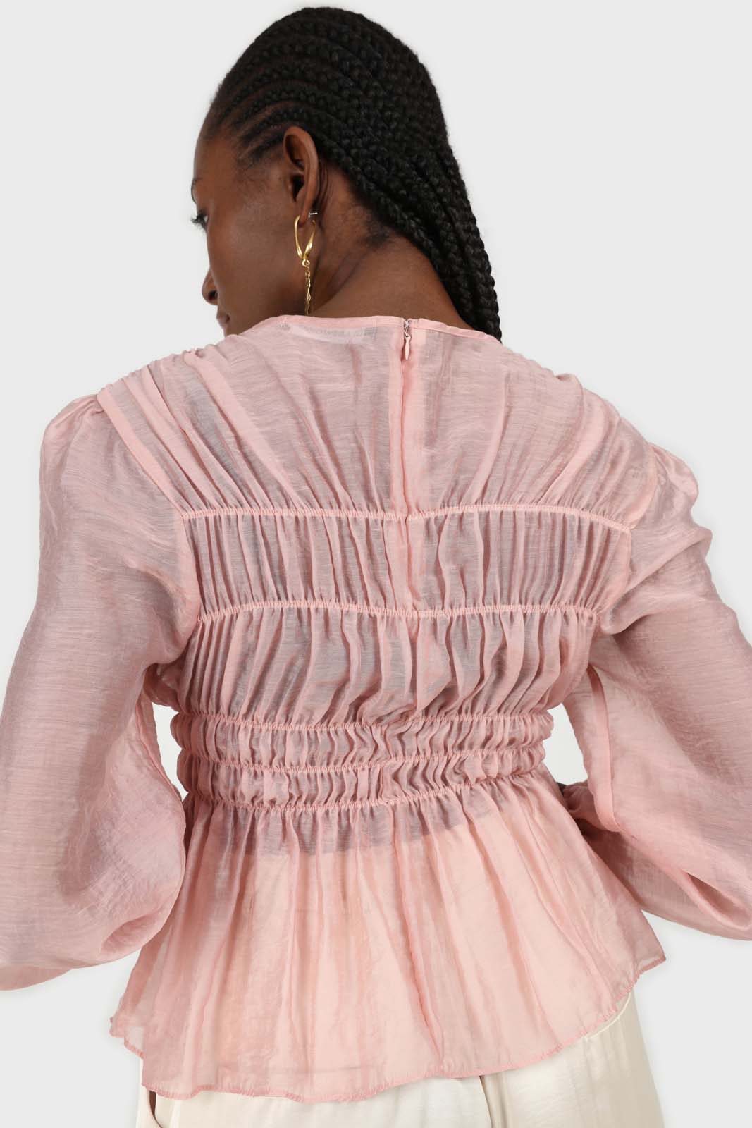 Pink silky ruched long sleeved blouse