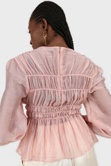Pink silky ruched long sleeved blouse