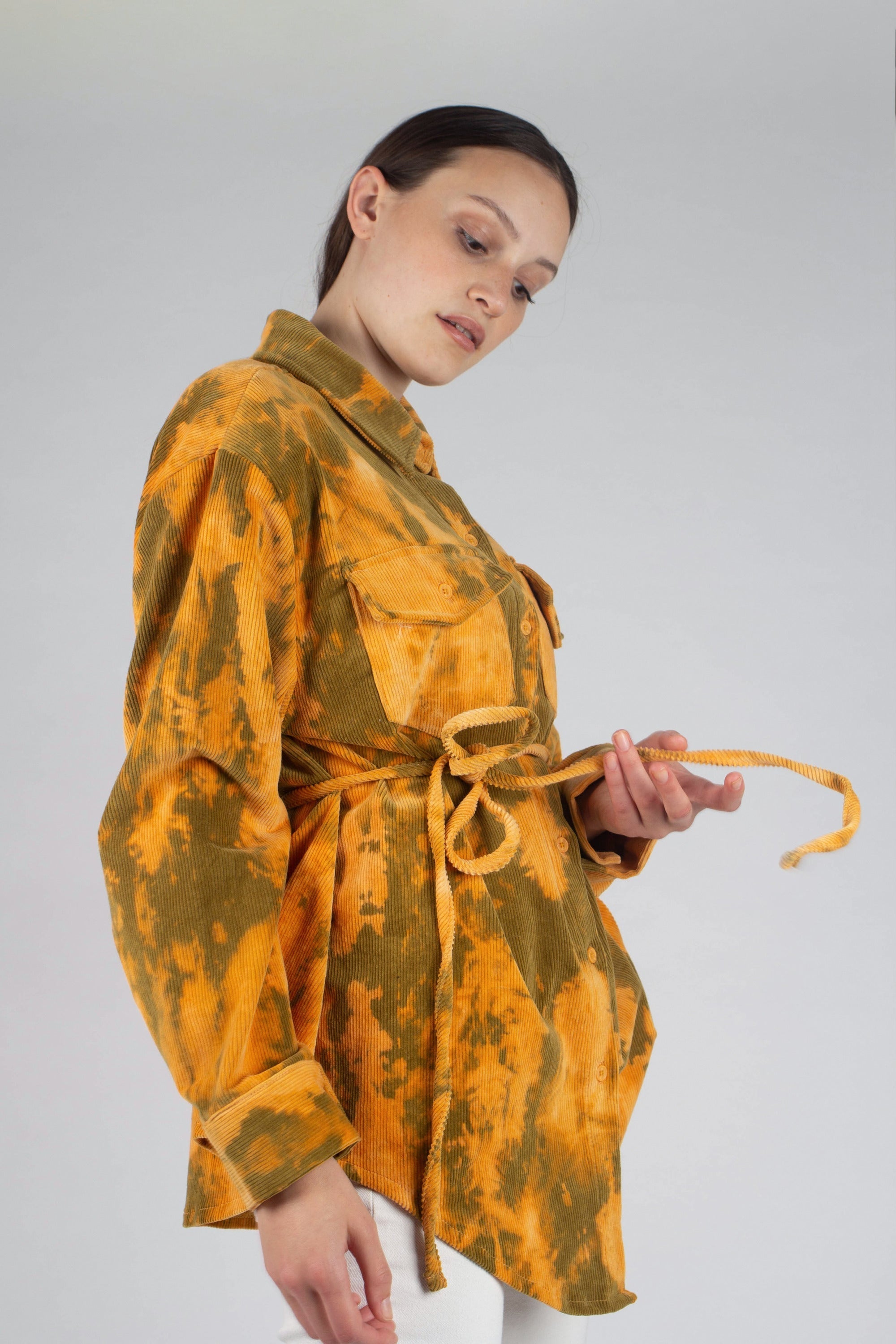 Orange and khaki tie dye tie waist shirt jacket