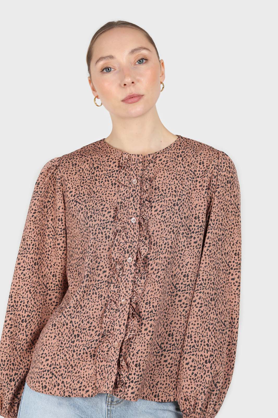 Dusty pink leopard print ruffle long sleeved shirt