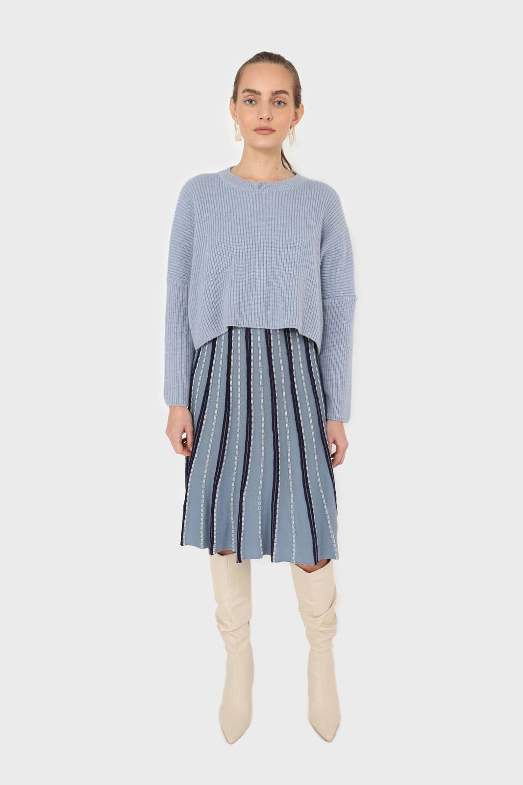 Blue and black blanket stitch midi skirt