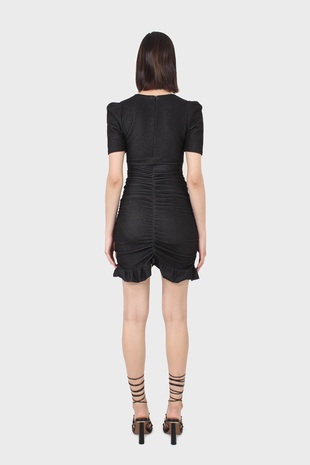 Black ruched short sleeved mini dress