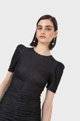 Black ruched short sleeved mini dress