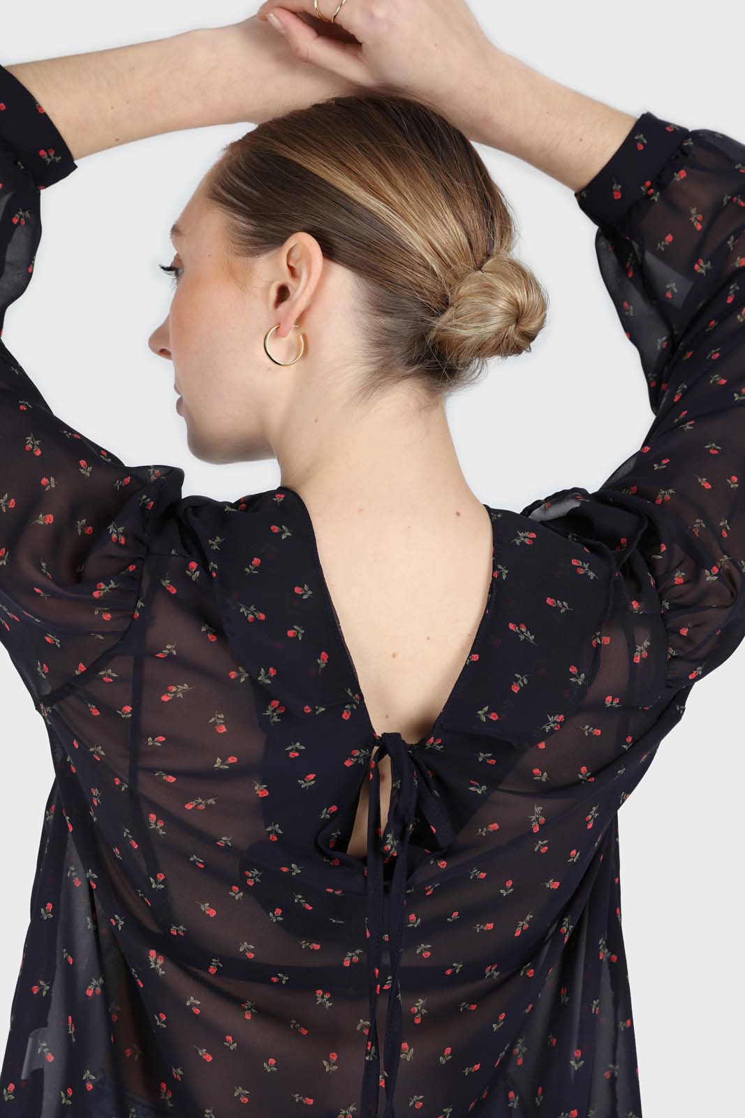 Black and red floral print frill blouse