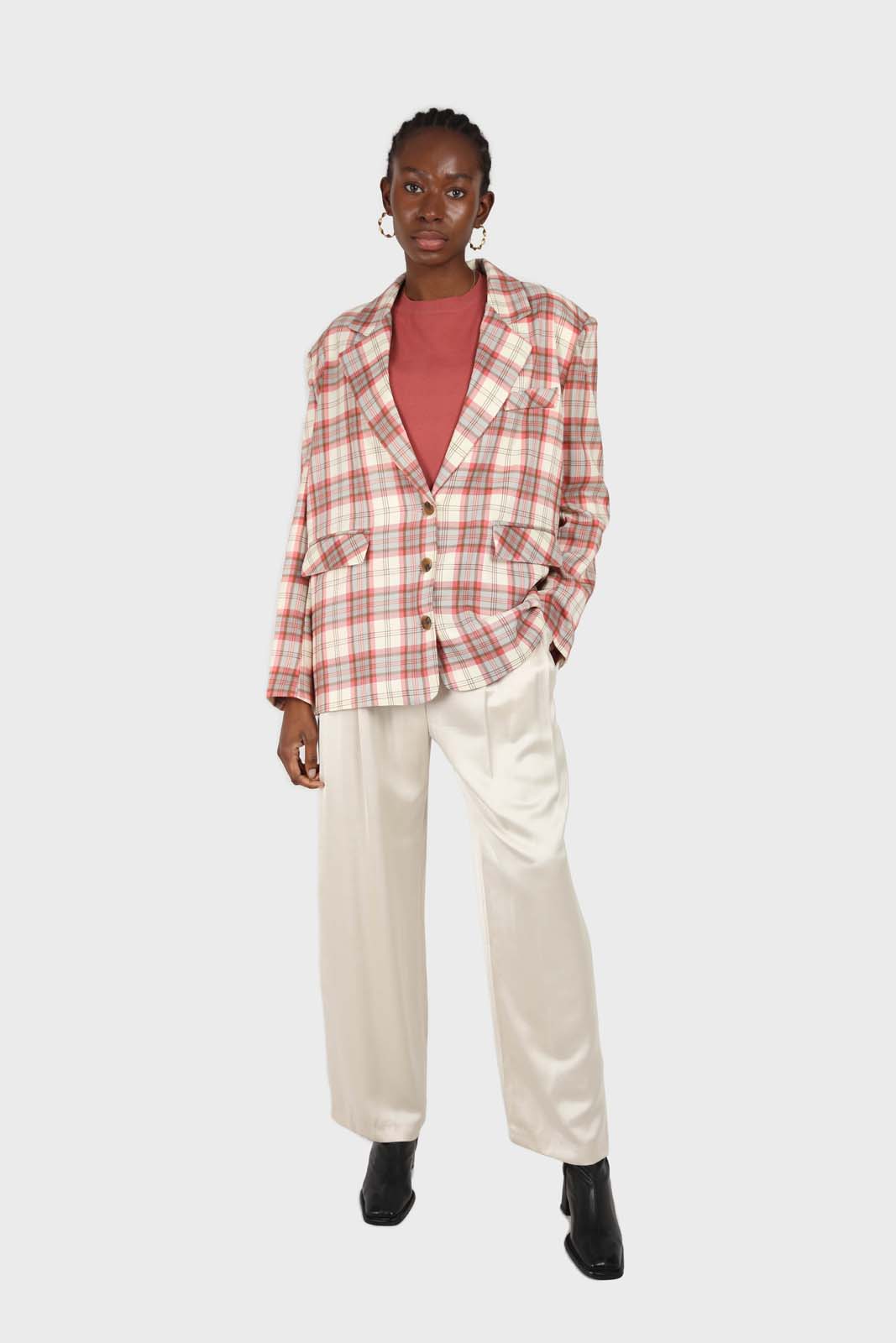 Bright pink grey and white checked blazer
