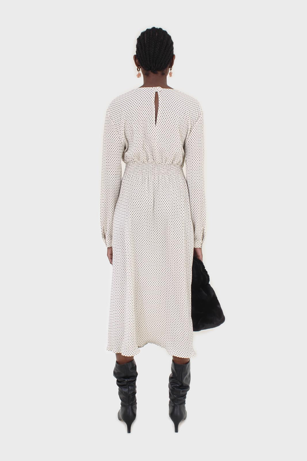 Ivory and black polka dot ribbed maxi dress