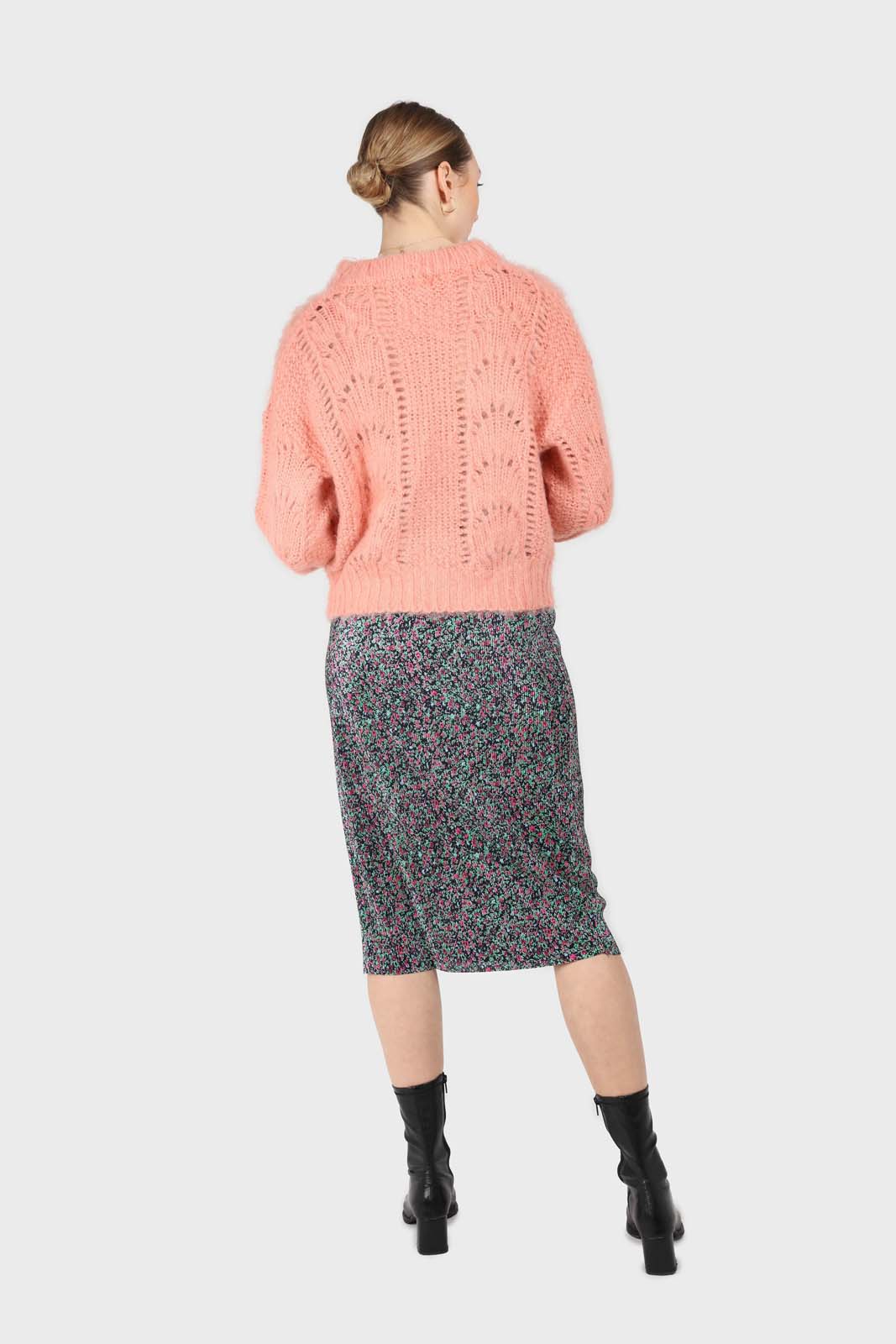 Black and pink floral ribbed maxi skirt