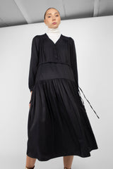 Black drawstring waist satin maxi dress