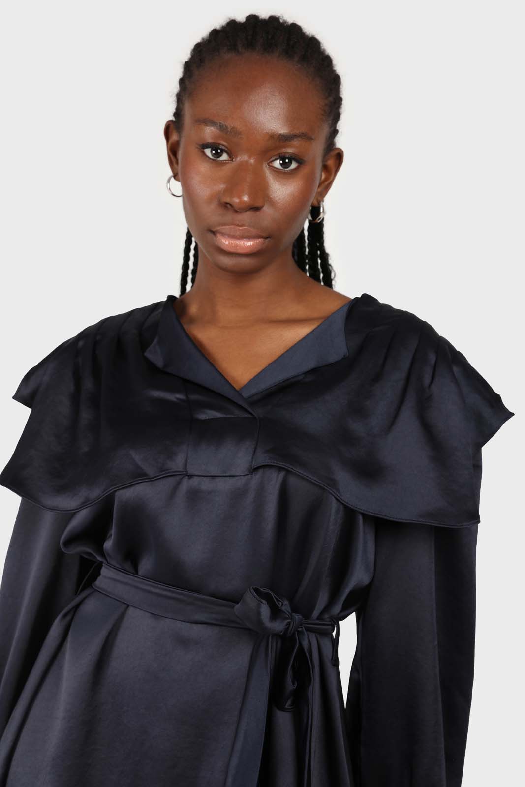 Navy silky wide collar maxi dress