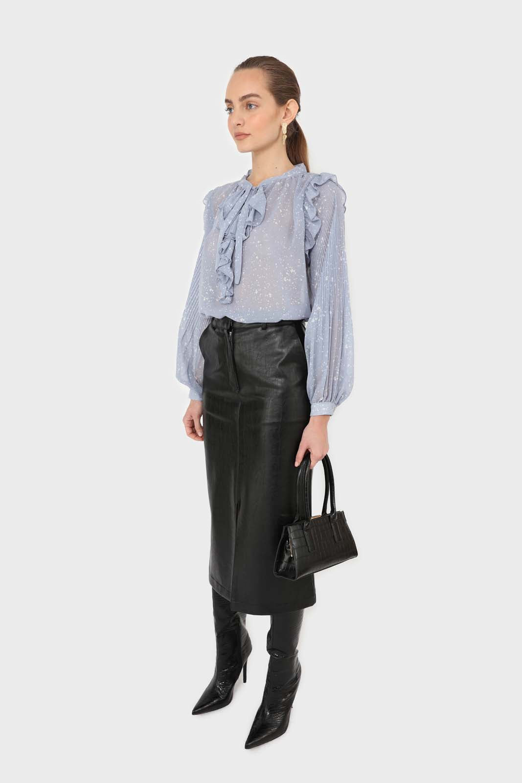 Light blue splatter print ruffled micropleat blouse