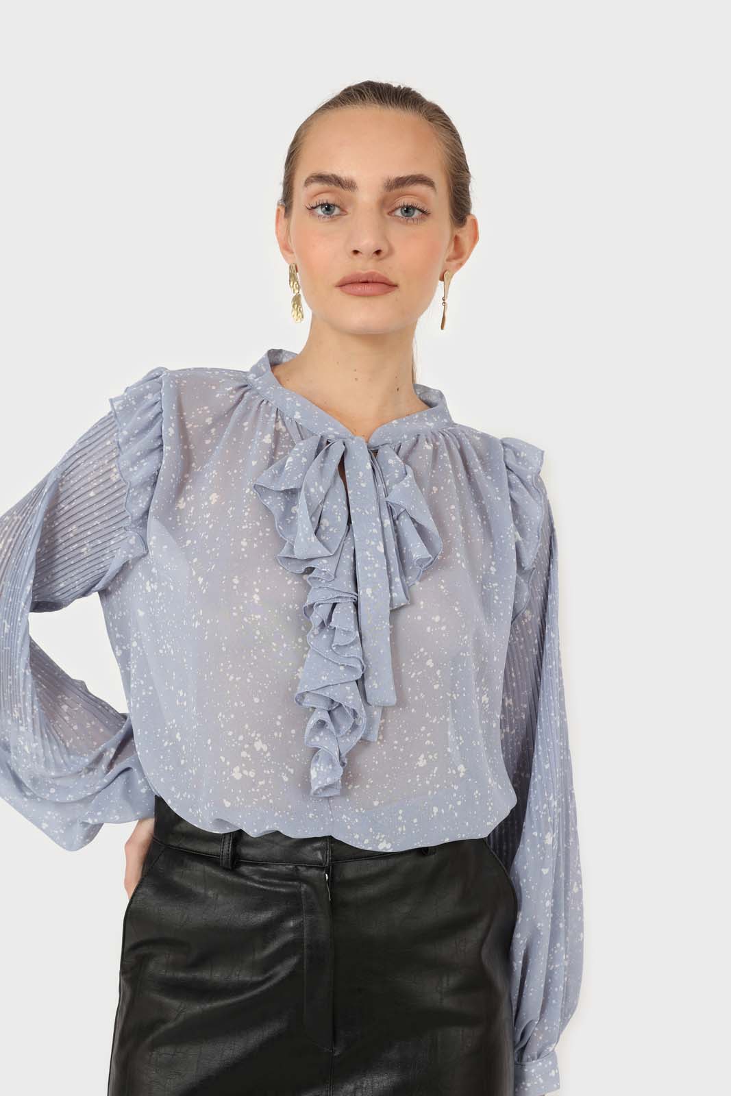 Light blue splatter print ruffled micropleat blouse