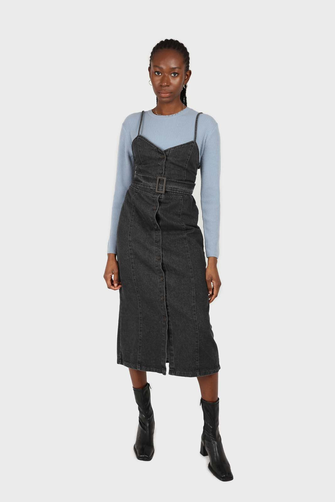 Washed black denim button front maxi dress