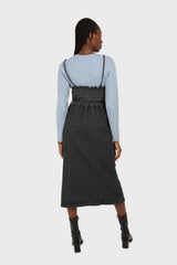 Washed black denim button front maxi dress