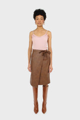Brown vegan leather wrap midi skirt